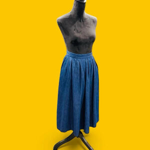 VTG Hamilton Denim Skirt Cottage 26” Waist Midi A-Line Pleated Blue Cotton USA